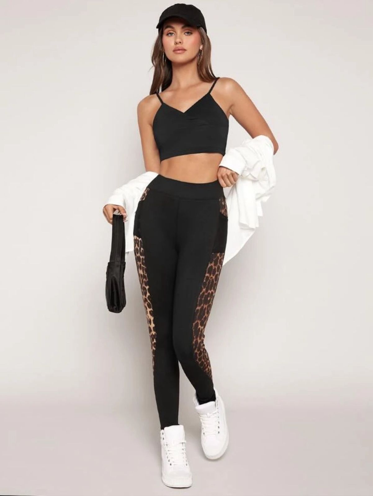 Women's Black Leopard Print Panel Leggings – High Waist Gym & Activewear