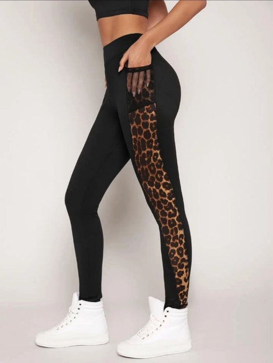 Women's Black Leopard Print Panel Leggings – High Waist Gym & Activewear