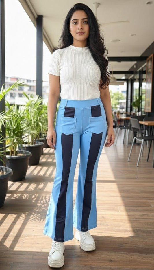 Women’s High-Waist Solid Blue Flared Pants – Stretchable Trendy Trousers