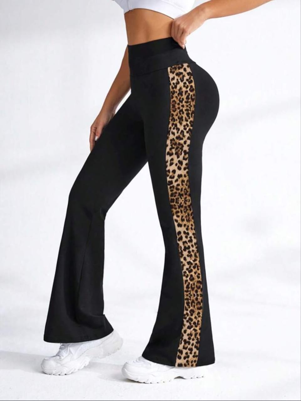 Women's Leopard Print Patchwork Elastic High Waist Flare leg pant