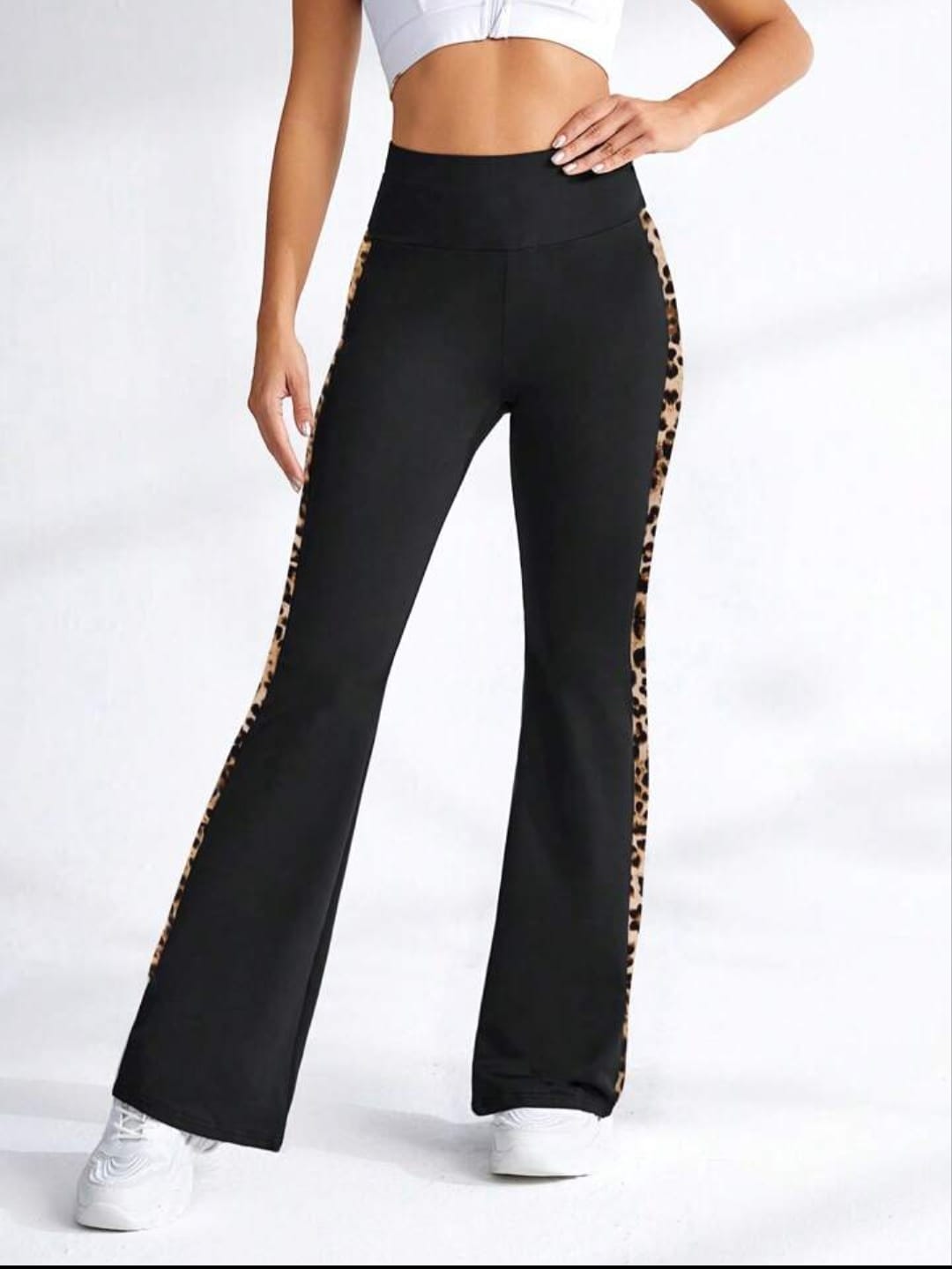 Women's Leopard Print Patchwork Elastic High Waist Flare leg pant