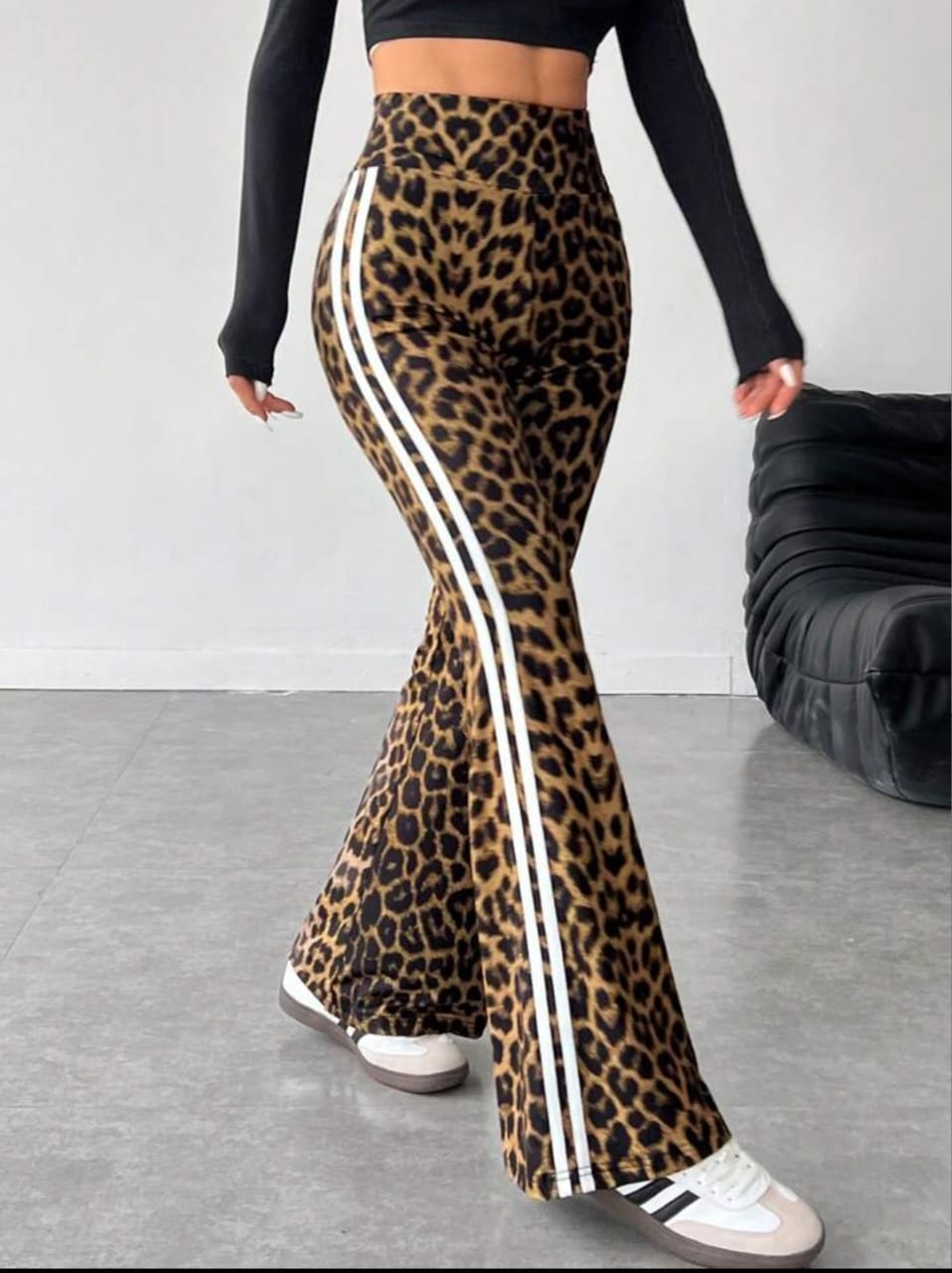 Women's High-Waisted Side Stripe & Leopard Print Flared Leg Pants