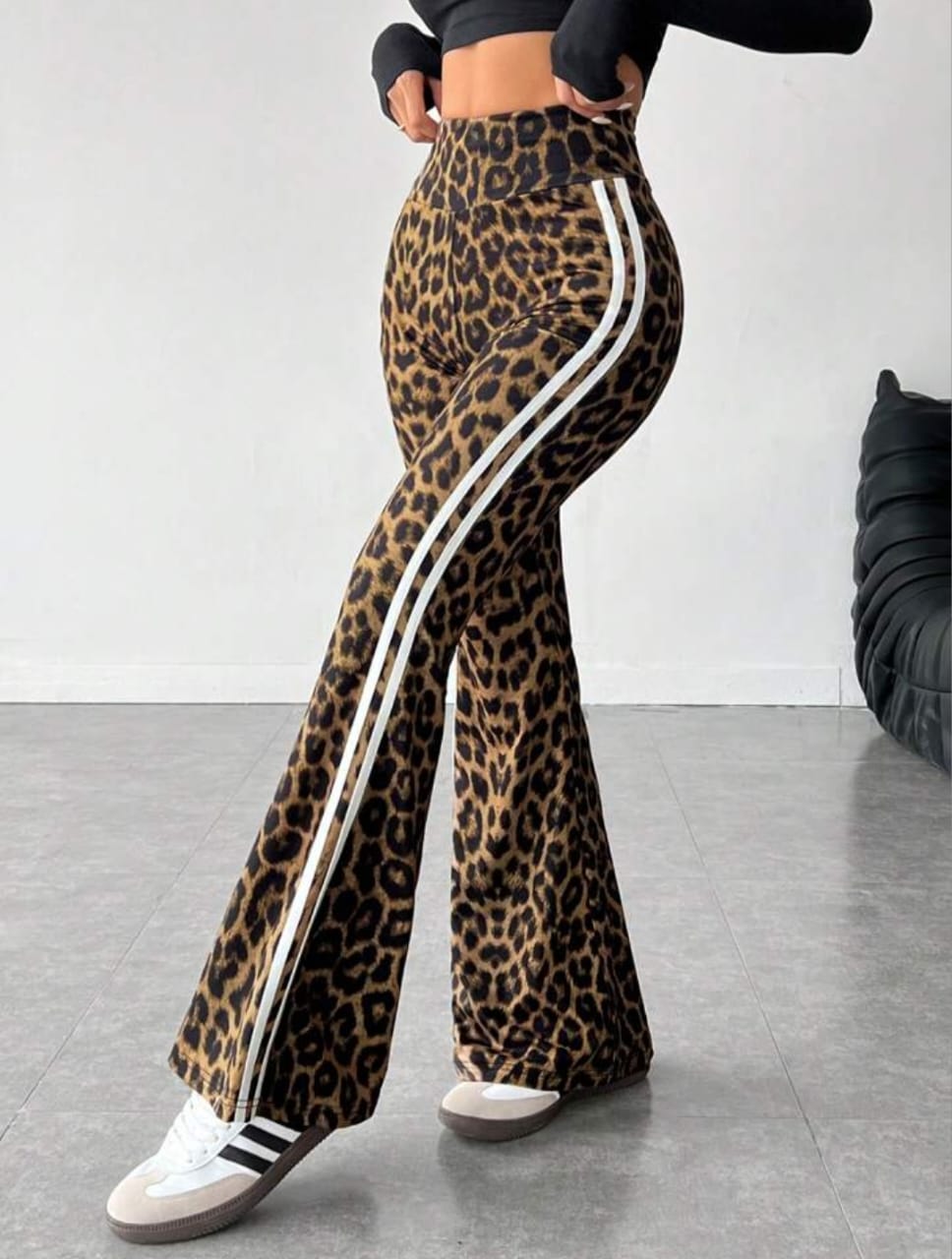 Women's High-Waisted Side Stripe & Leopard Print Flared Leg Pants