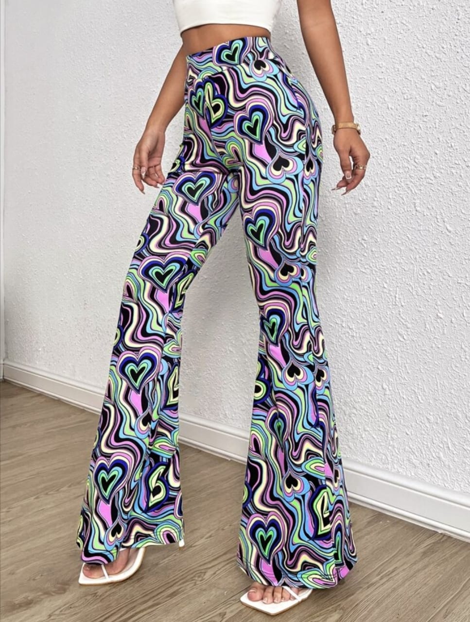 Women's Pants Allover Heart & Marble Print Flare Leg Pants Women's Pants.