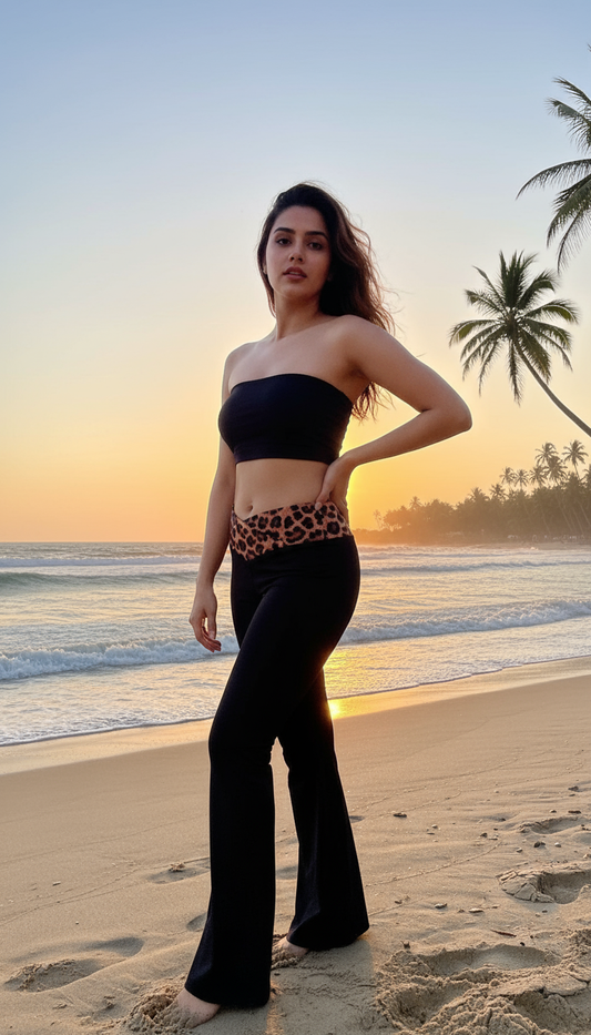 Trendy Black Flare Pants with Leopard Print Cross Waistband.