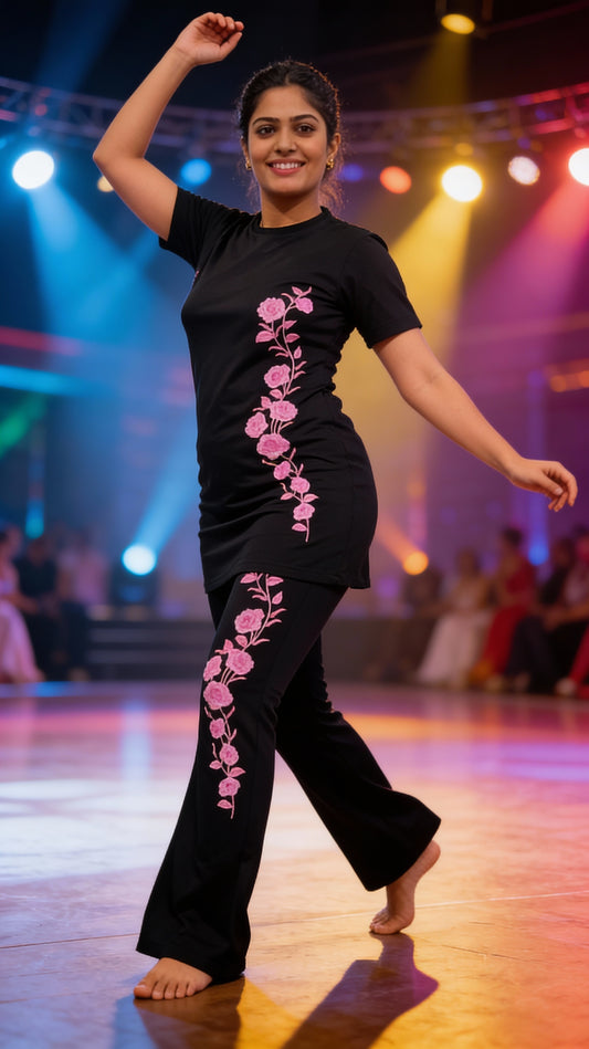 Women’s Black Floral Print Athleisure Co-Ord Set – T-Shirt & Flare Leg Pants With Knot And Pockets.