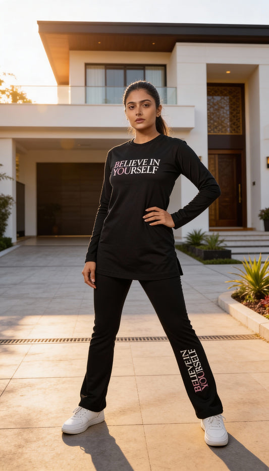 Women’s Black Athleisure Co-Ord Set – “Believe in Yourself” Full Sleeve T-Shirt & Flare Leg Pants With Knot And Pockets.
