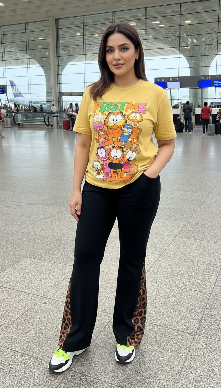 Black Flared Pants with Leopard Print Patch And Cross Pockets.