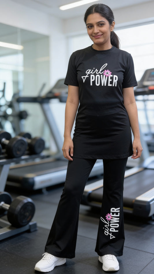 Women’s Black “Girl Power” Printed Athleisure Co-Ord Set – T-Shirt & Flare Pants With Knot And Pockets.