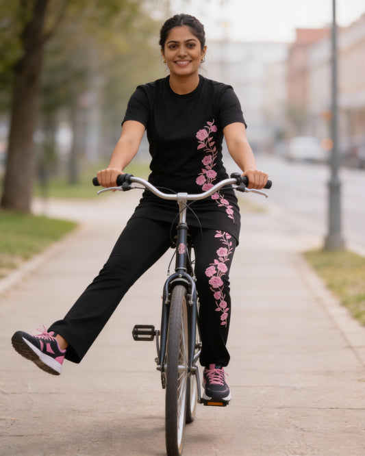 Women’s Black Floral Print Athleisure Co-Ord Set – T-Shirt & Flare Leg Pants With Knot And Pockets.