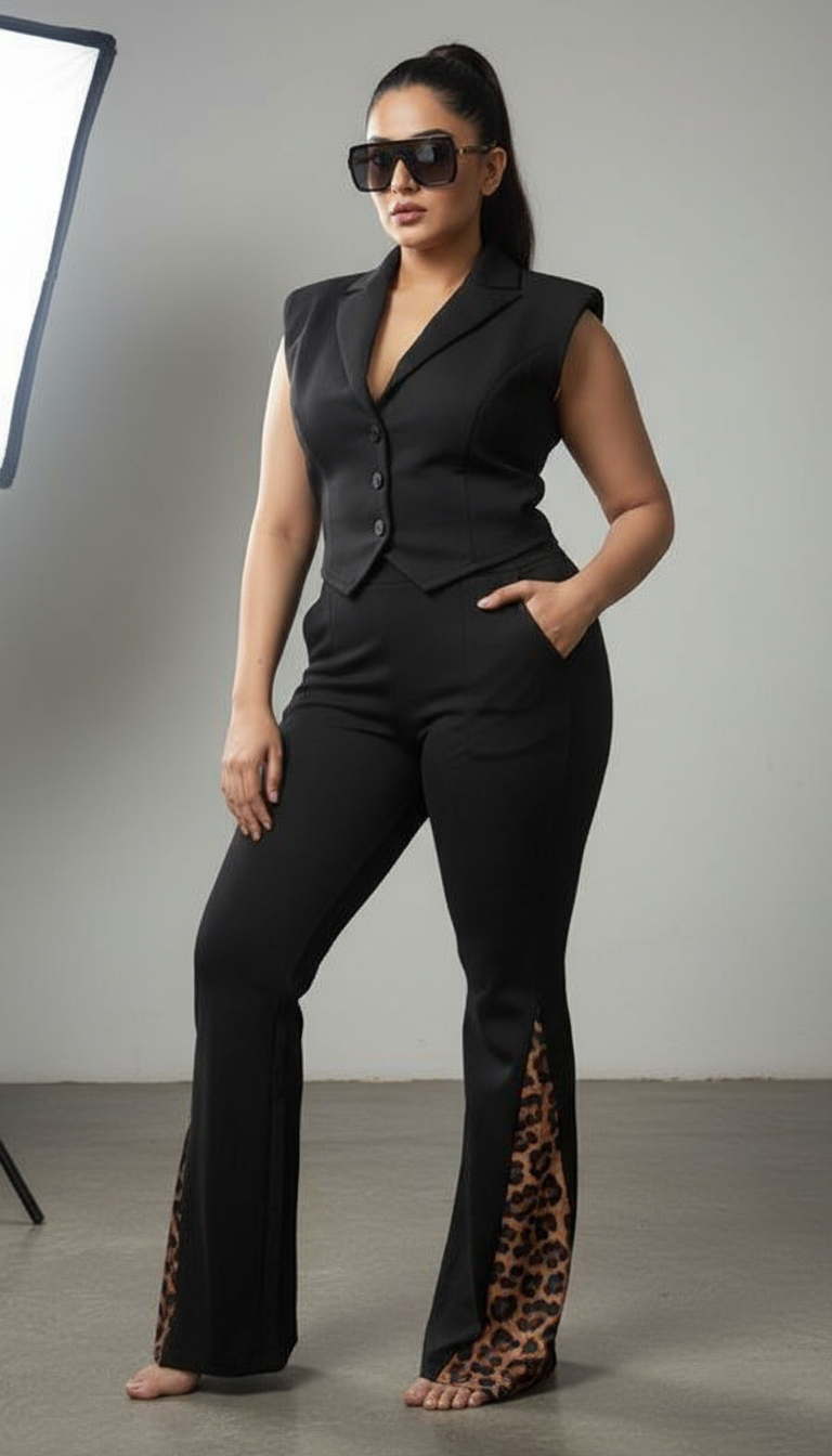 Black Flared Pants with Leopard Print Patch And Cross Pockets.